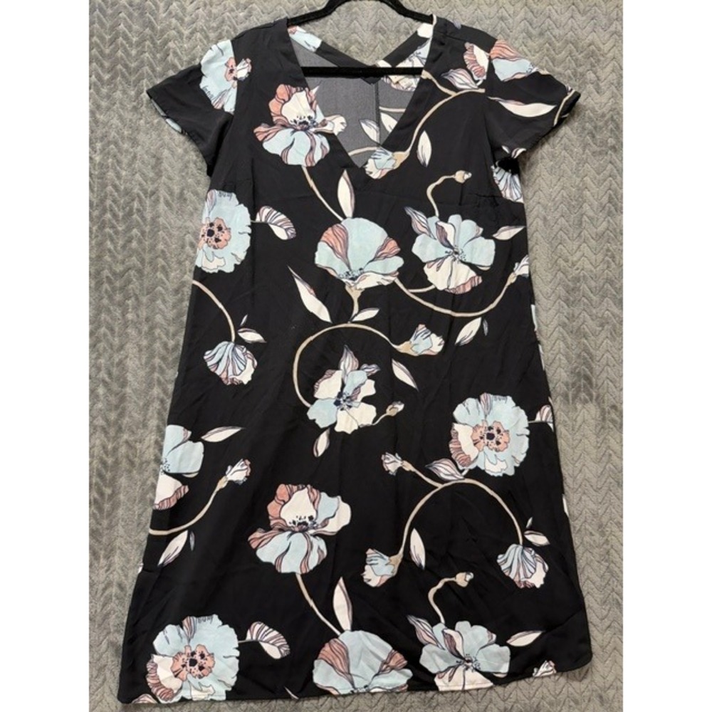A New Day Womens Black Floral V-Neck Shift Dress Size L 0555